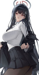 Rule 34 | 1girl, black hair, black halo, black jacket, black pantyhose, black skirt, blue archive, breasts, cowboy shot, hair ornament, hairpin, halo, highres, jacket, large breasts, long hair, long sleeves, looking at viewer, off shoulder, pantyhose, pleated skirt, red eyes, rio (blue archive), simple background, skirt, solo, sweater, ttosom, turtleneck, turtleneck sweater, white background, white sweater