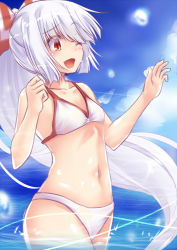 Rule 34 | 1girl, alternate costume, arms at sides, bare arms, bare shoulders, bikini, breasts, cleavage, collarbone, from side, fujiwara no mokou, light particles, long hair, looking away, midriff, navel, ponytail, red eyes, small breasts, solo, standing, standing on liquid, stomach, swimsuit, touhou, umarutsufuri, very long hair, water, white bikini, white hair