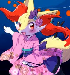 Rule 34 | 1girl, animal ears, animal hands, arm up, bag, blue background, blush, bow, braixen, chinese lantern, claws, creatures (company), fang, female focus, floral print, flower, fox ears, fox tail, frills, furry, furry female, game freak, gen 6 pokemon, green flower, japanese clothes, kemoribon, kimono, long sleeves, looking at viewer, looking to the side, night, nintendo, obi, open mouth, outdoors, pink flower, pink kimono, pointing, pokemon, pokemon (creature), pokemon xy, purple bag, purple bow, red eyes, sash, simple background, sky, smile, solo, stick, tail, teeth, walking, white flower