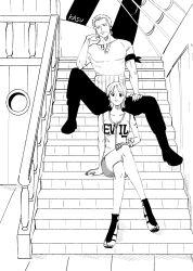 Rule 34 | 1boy, 1girl, above another, arm on own leg, arm tattoo, bandana, bandana around arm, black bandana, black footwear, black pants, bracelet, breasts, clothes writing, earrings, expressionless, greyscale, haramaki, high heels, highres, jewelry, kasuga akira, looking at viewer, looking to the side, medium breasts, monochrome, nami (one piece), one piece, pants, roronoa zoro, ship, shirt, short hair, short shorts, shorts, signature, single earring, sitting, sitting on stairs, sleeveless, stairs, tattoo, tight clothes, tight shirt, watercraft, zipper