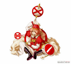 Rule 34 | 1girl, boots, chain, cross-laced footwear, female focus, hair bobbles, hair ornament, hat, kawashiro mitori, lace-up boots, layered sleeves, lock, original, oso (toolate), red eyes, red hair, road sign, short hair, side ponytail, sign, solo, touhou