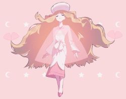 Rule 34 | 1girl, aoi (altea0923), blonde hair, butterfly hair ornament, caitlin (pokemon), cape, closed eyes, commentary request, creatures (company), crescent, dress, full body, game freak, hair ornament, hat, long hair, long sleeves, nintendo, parted bangs, parted lips, pink background, pink cape, pink footwear, pink hat, pokemon, pokemon bw, see-through cape, shoes, sidelocks, solo, star (symbol), very long hair, wavy hair, white dress