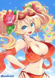 Rule 34 | :d, bikini, blue eyes, breasts, cleavage, flower, flower request, gem, granblue fantasy, hair flower, hair intakes, hair ornament, hand on own hip, huge breasts, large breasts, mutsuki riichi, navel, o-ring, o-ring top, open mouth, red bikini, smile, solo, swimsuit, zeta (granblue fantasy), zeta (summer) (granblue fantasy)