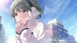 Rule 34 | 1girl, blue sky, breath, building, commentary request, day, earmuffs, green hair, highres, idolmaster, idolmaster shiny colors, idolmaster shiny colors song for prism, jacket, long sleeves, nanakusa nichika, noctchill (idolmaster), official art, open mouth, outdoors, sky, solo, upper body, white jacket, winter, yellow eyes