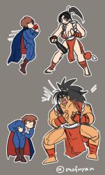 Rule 34 | 1boy, 2girls, absurdres, artist name, black hair, blush, breasts, brown hair, capcom, cape, cleavage, closed eyes, cosplay, demitri maximoff, embarrassed, fatal fury, fighting stance, fingerless gloves, gameplay mechanics, gloves, haoumaru, highres, humor, japanese clothes, large breasts, legs, long hair, multiple girls, muscular, muscular male, open mouth, ponytail, samurai spirits, shiranui mai, short hair, surprised, the king of fighters, the king of fighters xv, thighs, tomboy, vampire (game), white eyes, wide-eyed