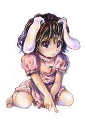 Rule 34 | 1girl, animal ears, bad id, bad pixiv id, barefoot, black hair, blush, carrot, dress, feet, female focus, full body, highres, inaba tewi, jewelry, nagayo, necklace, pendant, rabbit ears, short hair, simple background, sitting, solo, tears, touhou, wariza, white background