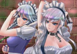 Rule 34 | 2girls, azur lane, belfast (azur lane), blue eyes, braid, breasts, brick wall, broken, broken chain, chain, chain, choker, cleavage, commentary request, french braid, gloves, holding, holding knife, holding shell, izayoi sakuya, knife, large breasts, long hair, look-alike, maid, maid headdress, medium breasts, multiple girls, puffy short sleeves, puffy sleeves, shell, short sleeves, silver hair, tadauoqui, touhou, trait connection, upper body