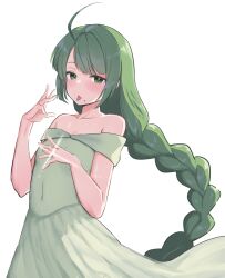 Rule 34 | 1girl, absurdres, ahoge, alternate breast size, alternate costume, braid, breasts, cowboy shot, dress, green dress, green eyes, green hair, highres, jewelry, kantai collection, lanthan, long hair, mole, mole under mouth, off-shoulder dress, off shoulder, ring, simple background, single braid, small breasts, solo, tongue, tongue out, very long hair, wedding ring, white background, yuugumo (kancolle)