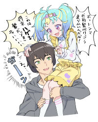 Rule 34 | 1boy, 1girl, :d, ahoge, black hair, blonde hair, blue hair, blush, carrying, carrying person, commentary request, cropped legs, cropped torso, fang, green eyes, grey hoodie, hair between eyes, hand on another&#039;s head, headphones, hood, hood down, hoodie, ibuki touma, kneehighs, long hair, long sleeves, looking at another, multicolored hair, murakami hisashi, myamu, on shoulder, open mouth, overall shorts, overalls, pink eyes, pretty series, shirt, short hair, shorts, sitting, sitting on person, sitting on shoulder, smile, socks, speech bubble, streaked hair, sweatdrop, translation request, twintails, waccha primagi!, white background, white shirt, white socks, yellow shorts