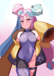 Rule 34 | 1girl, absurdres, aqua hair, blush, breasts, character hair ornament, closed mouth, commentary request, covered collarbone, covered navel, creatures (company), fang, fang out, game freak, hair ornament, hand up, highres, iono (pokemon), jacket, long hair, looking at viewer, medium breasts, nintendo, open clothes, open jacket, pink hair, pokemon, pokemon sv, purple eyes, single leg bodysuit, sleeves past fingers, sleeves past wrists, smile, solo, star (symbol), star print, thigh strap, twintails, yellow jacket, yomusu