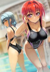 Rule 34 | 10s, 2girls, adjusting clothes, adjusting swimsuit, ahoge, armpits, ass, back, bent over, black one-piece swimsuit, blue hair, breasts, cleavage, collarbone, competition swimsuit, covered erect nipples, dutch angle, hair intakes, tucking hair, highleg, highleg swimsuit, highres, holding, kneepits, lane line, large breasts, leaning forward, light novel, long hair, looking back, multiple girls, naruse mio, nonaka yuki, novel illustration, official art, one-piece swimsuit, ookuma nekosuke, pinstripe pattern, pool, poolside, purple eyes, red hair, scan, shinmai maou no testament, short hair, sideboob, sidelocks, small breasts, smile, striped, swimsuit, thigh gap, water, wet, yellow eyes