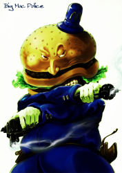 Rule 34 | burger, dual wielding, food, gun, handgun, hat, holding, mcdonald&#039;s, nurikabe (mictlan-tecuhtli), police, revolver, simple background, tagme, weapon