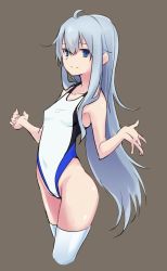 Rule 34 | 1girl, ahoge, alternate costume, blue eyes, commentary request, competition swimsuit, cropped legs, from side, grey background, hair between eyes, hibiki (kancolle), highleg, highleg swimsuit, kantai collection, long hair, looking at viewer, myht, one-piece swimsuit, parted bangs, silver hair, simple background, solo, standing, swimsuit, thighhighs, very long hair, white one-piece swimsuit, white thighhighs, wide hips