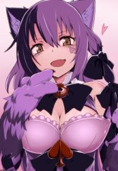 Rule 34 | 1girl, animal ears, animal hands, bad id, bad pixiv id, bare shoulders, bell, black hair, blush, bow, breasts, brown eyes, cat ears, cat paws, cheshire cat (monster girl encyclopedia), cleavage, fur, hair bow, large breasts, long hair, looking at viewer, mantarou (shiawase no aoi tori), monster girl, monster girl encyclopedia, multicolored hair, open mouth, purple hair, smile, solo, two-tone hair