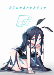 Rule 34 | 1girl, absurdly long hair, absurdres, all fours, animal ears, aris (blue archive), bad id, bad pixiv id, bare legs, black hair, black leotard, blue archive, blue eyes, blue necktie, copyright name, detached collar, full body, halo, highres, leotard, long hair, necktie, one side up, playboy bunny, rabbit ears, rabbit tail, simple background, solo, tail, usagi (786113654), very long hair, white background, wrist cuffs