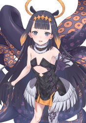 Rule 34 | 1girl, :d, absurdres, arm warmers, armpits, bare shoulders, black hair, blue eyes, blunt bangs, dress, fang, flat chest, fur trim, g9 (jiiku), gloves, halo, highres, hololive, hololive english, linea alba, long hair, low wings, mole, mole under eye, ninomae ina&#039;nis, ninomae ina&#039;nis (1st costume), open mouth, simple background, single arm warmer, single thighhigh, smile, tentacle hair, tentacles, thighhighs, virtual youtuber, white background, wings