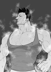 Rule 34 | 1boy, armpit hair, armpits, bara, bare pectorals, biceps, boku no hero academia, chest hair, endeavor (boku no hero academia), facial hair, greyscale, hairy, highres, large pectorals, looking to the side, male focus, mature male, monochrome, muscular, muscular male, nipples, p (pppppppppq), pants, pectorals, scar, scar across eye, scar on face, sideburns, solo, spiked hair, steam, stubble, sweat, sweatdrop, tank top, thick arms, veins, veiny arms, wet, wet clothes