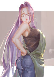Rule 34 | 1girl, absurdres, adjusting clothes, apron, ass, bare arms, black-framed eyewear, breasts, commentary request, cowboy shot, denim, fate/stay night, fate (series), glasses, hair intakes, highres, jeans, large breasts, long hair, looking at viewer, looking back, medusa (fate), medusa (rider) (fate), official alternate costume, open mouth, pants, ponytail, purple hair, rolua, sleeveless, solo, teeth, twisted torso, two-tone background, very long hair, yellow eyes