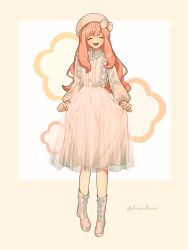 Rule 34 | 1girl, absurdres, aged up, anya (spy x family), beret, boots, bow, closed eyes, dress, ducartoon, full body, hat, hat bow, highres, long hair, long sleeves, open mouth, pink hair, solo, spy x family, twitter username, white dress, white footwear, white hat