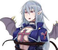 Rule 34 | 1girl, bad id, bad pixiv id, bat wings, breasts, choker, cleavage, duel monster, earrings, fang, jewelry, lipstick, long hair, makeup, midriff, open mouth, pointy ears, red eyes, restrained, rk925, silver hair, simple background, solo, sweatdrop, upper body, vampire, vampire vamp, whip, white background, wings, yu-gi-oh!