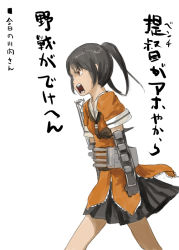 Rule 34 | 10s, 1girl, abe yoshitoshi, angry, brown eyes, brown hair, elbow gloves, gloves, kantai collection, open mouth, personification, school uniform, sendai (kancolle), serafuku, short hair, skirt, solo, translation request, twintails, two side up, walking