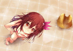 Rule 34 | 10s, 1girl, bare legs, bare shoulders, barefoot, bath, bath stool, bikini, breasts, brown eyes, brown hair, from above, hair ornament, hands on own hips, happy, indoors, kantai collection, kisaragi (kancolle), long hair, looking at viewer, looking up, micro bikini, sawamura aoi, side-tie bikini bottom, small breasts, smile, solo, steam, stool, swimsuit, wet