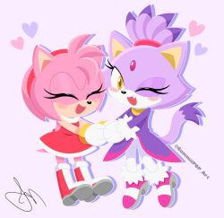 Rule 34 | 2girls, absurdres, amy rose, animal ears, blaze the cat, blush, cat ears, cat girl, cat tail, closed eyes, dress, fang, forehead jewel, fur-trimmed footwear, fur-trimmed gloves, fur trim, furry, furry female, gloves, gummiipop art, hairband, heart, hedgehog girl, highres, holding hands, multiple girls, one eye closed, open mouth, pink footwear, pink fur, purple fur, red dress, red footwear, red hairband, simple background, smile, sonic (series), tail, white gloves