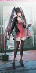 Rule 34 | 1girl, absurdres, bag, black hair, black jacket, black thighhighs, breasts, cigarette, collarbone, dress, fishnet thighhighs, fishnets, full body, green eyes, grocery bag, handbag, heterochromia, highres, holding, holding cigarette, jacket, knees up, leather, leather jacket, long hair, looking at viewer, medium breasts, multicolored hair, nail polish, nanaken nana, open clothes, open jacket, original, outdoors, pink dress, purple eyes, purple nails, red hair, road, shopping bag, short dress, smoke, smoking, solo, standing, storefront, street, thighhighs, thighs, tongue, tongue out, twintails, two-tone hair, very long hair, zettai ryouiki