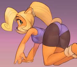 Rule 34 | 1girl, ahoge, all fours, animal ears, ass, bare shoulders, barefoot, bike shorts, blonde hair, blush, body fur, breasts, closed mouth, coco bandicoot, crash bandicoot (series), feet up, female focus, from behind, furry, furry female, gradient background, green eyes, happy, highres, huge ahoge, leotard, light blush, long hair, looking at viewer, looking back, medium breasts, ponytail, purple background, purple leotard, scrunchie, simple background, smile, solo, wamudraws
