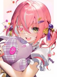 Rule 34 | 1girl, :d, absurdres, candy, commentary, hugging doll, english commentary, eyepatch, food, hair between eyes, hair ribbon, highres, looking at viewer, medical eyepatch, multicolored hair, nail polish, hugging object, open mouth, original, pink hair, puffy short sleeves, puffy sleeves, purple ribbon, red nails, ribbon, short sleeves, shycocoa, silver hair, smile, solo, streaked hair, stuffed animal, stuffed rabbit, stuffed toy, teeth, twintails, underwear, upper teeth only, yellow eyes, yellow ribbon