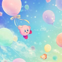Rule 34 | :d, ^ ^, anniversary, arm up, arms up, artist name, balloon, blue eyes, blue sky, blush, closed eyes, cloud, commentary request, dated, dated commentary, day, floating, holding, holding balloon, kirby, kirby (series), kotori (lycka), nintendo, no humans, open mouth, outdoors, ribbon, sky, smile, star (symbol), triangle, twitter username, waddle dee, yellow ribbon