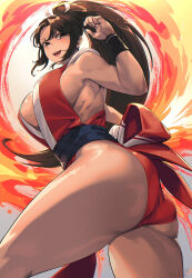 1girl breasts brown_eyes brown_hair commentary fatal_fury fire high_ponytail highres japanese_clothes large_breasts long_hair mikel_(4hands) pelvic_curtain ponytail revealing_clothes shiranui_mai solo street_fighter street_fighter_6