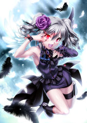 Rule 34 | 10s, 1girl, black wings, blush, boots, detached sleeves, drill hair, feathers, flower, full body, gothic lolita, hair flower, hair ornament, highres, idolmaster, idolmaster cinderella girls, kanzaki ranko, lolita fashion, long hair, looking at viewer, nail polish, open mouth, purple rose, red eyes, rose, shirt, single sleeve, skirt, sleeveless, sleeveless shirt, smile, solo, thigh strap, twin drills, twintails, white wings, wings, zen