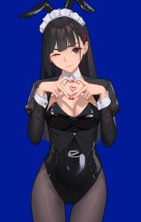 Rule 34 | 1girl, absurdres, animal ears, black eyes, black hair, black leotard, blue background, breasts, cleavage, closed mouth, commentary, cowboy shot, detached collar, drid, earrings, english commentary, fake animal ears, grey pantyhose, hair ornament, hairclip, hands up, heart, heart hands, highres, jewelry, leotard, long hair, long sleeves, looking at viewer, maid headdress, medium breasts, nail polish, one eye closed, original, pantyhose, playboy bunny, rabbit ears, red nails, shrug (clothing), simple background, smile, solo, strapless, strapless leotard, stud earrings, white wrist cuffs, wrist cuffs