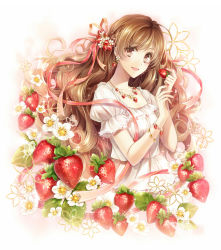 Rule 34 | 1girl, bad id, bad pixiv id, bracelet, brown eyes, brown hair, dress, earrings, food, fruit, hagiwara rin, hair ornament, hair ribbon, jewelry, long hair, looking at viewer, necklace, open mouth, original, puffy short sleeves, puffy sleeves, revision, ribbon, short sleeves, smile, solo, strawberry, very long hair, white dress