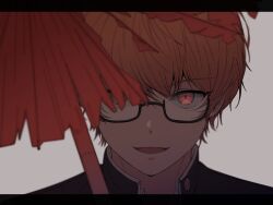 Rule 34 | 1boy, bespectacled, commentary request, gakuran, glasses, hair over one eye, highres, ichigo ichie na hyakki yagyou!? (project sekai), korean commentary, letterboxed, looking at viewer, male focus, mom jioi, official alternate costume, official alternate hairstyle, open mouth, orange eyes, orange hair, project sekai, school uniform, short hair, solo, tenma tsukasa, torn umbrella, umbrella