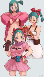 Rule 34 | 1girl, aosora2823, aqua hair, artist name, asymmetrical bangs, asymmetrical hair, belt, belt pouch, blue eyes, blush, bottomless, bow, braid, braided ponytail, breasts, brown belt, brown gloves, bulma, capsule corp, character name, cleavage, closed eyes, clothes lift, clothes writing, collarbone, commentary, convenient censoring, cowboy shot, cropped legs, dragon ball, dragon ball (classic), dress, gloves, grey background, hair bow, hair pulled back, hand on own hip, highres, leather, leather gloves, lifted by self, long shirt, looking to the side, medium breasts, medium hair, multiple views, navel, one side up, open mouth, overalls, oversized clothes, oversized shirt, pants, pink shirt, pouch, purple scarf, red bow, scarf, scowl, shirt, shirt lift, short dress, short hair, short sleeves, simple background, single glove, sleeveless, smile, standing, thighs, v-shaped eyebrows, white pants