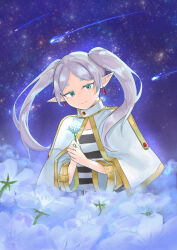 Rule 34 | 1girl, absurdres, blue flower, capelet, commentary request, drop earrings, earrings, flower, frieren, green eyes, grey hair, highres, hiiragi17299141, holding, holding flower, jewelry, long hair, long sleeves, nemophila (flower), night, night sky, parted bangs, pointy ears, shirt, shooting star, sky, smile, solo, sousou no frieren, striped clothes, striped shirt, twintails, white capelet