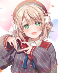 Rule 34 | 1girl, :d, absurdres, anzu 1026, blonde hair, blush, commentary request, confetti, green eyes, grey shirt, hair ornament, hands up, hat, heart, heart hands, highres, indie virtual youtuber, long sleeves, looking at viewer, medium hair, open mouth, pom pom (clothes), pom pom hair ornament, red hat, shigure ui (vtuber), shigure ui (vtuber) (1st costume), shirt, smile, solo, striped clothes, striped shirt, upper body, vertical-striped clothes, vertical-striped shirt, virtual youtuber