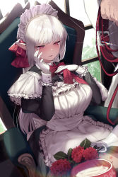 Rule 34 | 1girl, absurdres, apron, black dress, blush, bowl, chair, collar, commentary, dress, flower, frilled apron, frills, gloves, hair ornament, highres, holding, holding collar, indoors, leash, long hair, long sleeves, lower teeth only, maid, maid headdress, mendou kusai, original, parted lips, pet bowl, pointy ears, red eyes, sitting, smile, solo focus, teeth, wet, white apron, white gloves, white hair, white headwear, window
