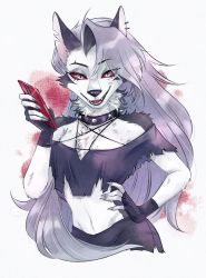 Rule 34 | 1girl, animal ears, artist request, black gloves, black shirt, body fur, cellphone, collar, eye piercing, fingerless gloves, fingernails, furry, furry female, gloves, grey hair, hand on own hip, helluva boss, holding, holding phone, long hair, looking at viewer, loona (helluva boss), open mouth, phone, red eyes, shirt, simple background, smartphone, smile, solo, upper body, wolf ears, wolf girl