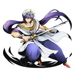 Rule 34 | 10s, 1boy, bracelet, brown eyes, collarbone, divine gate, earrings, full body, holding, holding sword, holding weapon, jewelry, long hair, looking at viewer, magi the labyrinth of magic, male focus, official art, ponytail, purple hair, sheath, sinbad (magi), smile, solo, sword, transparent background, ucmm, unsheathed, very long hair, weapon