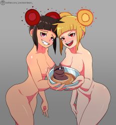 Rule 34 | 2girls, absurdres, artist name, ass, bat (animal), black hair, blonde hair, blush, breasts, china dress, chinese clothes, cleavage, completely nude, corona-chan, coronavirus, coronavirus pandemic, dress, fang, fangs, female focus, grey background, groin, hair bun, happy ice cream team, heart, heart-shaped pupils, highres, medium breasts, medium hair, multiple girls, nipples, nude, open mouth, orange eyes, pelvic curtain, personification, purple eyes, red eyes, shiny skin, short hair, simple background, sleeveless, small breasts, smile, smug, sunglasses, symbol-shaped pupils, tagme, teeth, thick thighs, thighs, tongue
