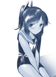 Rule 34 | 10s, 1girl, bare shoulders, between legs, blew andwhite, blue theme, blush, hand between legs, highres, i-401 (kancolle), kantai collection, looking at viewer, monochrome, one-piece swimsuit, ponytail, sailor collar, school swimsuit, school uniform, serafuku, shirt, short hair, short ponytail, simple background, sitting, sleeveless, sleeveless shirt, smile, solo, swimsuit