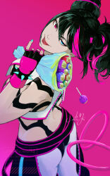 1girl ass black_hair bracelet breasts drill_hair fingerless_gloves gloves hair_horns halterneck han_juri highres jewelry looking_at_viewer medium_breasts multicolored_hair nail_polish navel pants purple_eyes short_hair smile solo spiked_bracelet spikes street_fighter street_fighter_6 tongue uixy