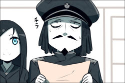 Rule 34 | 10s, 1boy, 1girl, abyssal admiral (kancolle), abyssal ship, admiral (kancolle), admiral suwabe, black hair, blue eyes, comic, hat, holding, holding paper, k-suwabe, kantai collection, long hair, military, military uniform, naval uniform, paper, ru-class battleship, sweat, translation request, uniform