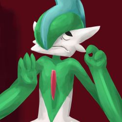 Rule 34 | closed eyes, commentary, creature, creatures (company), facing viewer, fatmanass, gallade, game freak, gen 4 pokemon, meme, nintendo, no humans, pacha meme, pokemon, pokemon (creature), red background, simple background, solo, the emperor&#039;s new groove, upper body