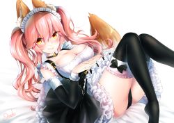 Rule 34 | 1girl, alternate costume, animal ear fluff, animal ears, apron, ass, black thighhighs, blush, breasts, choker, cleavage, collarbone, detached sleeves, dress, enmaided, fate/extella, fate/extra, fate (series), fox ears, fox tail, frills, hair ribbon, large breasts, long hair, looking at viewer, maid, maid apron, maid headdress, own hands together, pink hair, ribbon, ribbon-trimmed legwear, ribbon trim, signature, smile, solo, tail, tamamo (fate), tamamo no mae (fate/extra), tamamo no mae (tailmaid strike) (fate), thighhighs, thighs, touwa iyo, yellow eyes