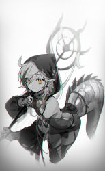 Rule 34 | 1girl, absurdres, ahoge, arknights, bare shoulders, closed mouth, crocodilian tail, goggles, goggles around neck, greyscale, highres, holding, holding staff, hood, hood up, large tail, long hair, monochrome, pointy ears, simple background, solo, soyoong jun, spot color, staff, tail, tomimi (arknights), yellow eyes
