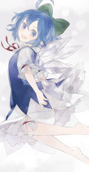 1girl ahoge barefoot bloomers blue_dress blue_eyes blue_hair bow cirno dress female_focus hair_bow ice ice_wings looking_at_viewer matching_hair/eyes open_mouth puffy_short_sleeves puffy_sleeves shihou_(g-o-s) shirt short_sleeves smile solo touhou underwear wings